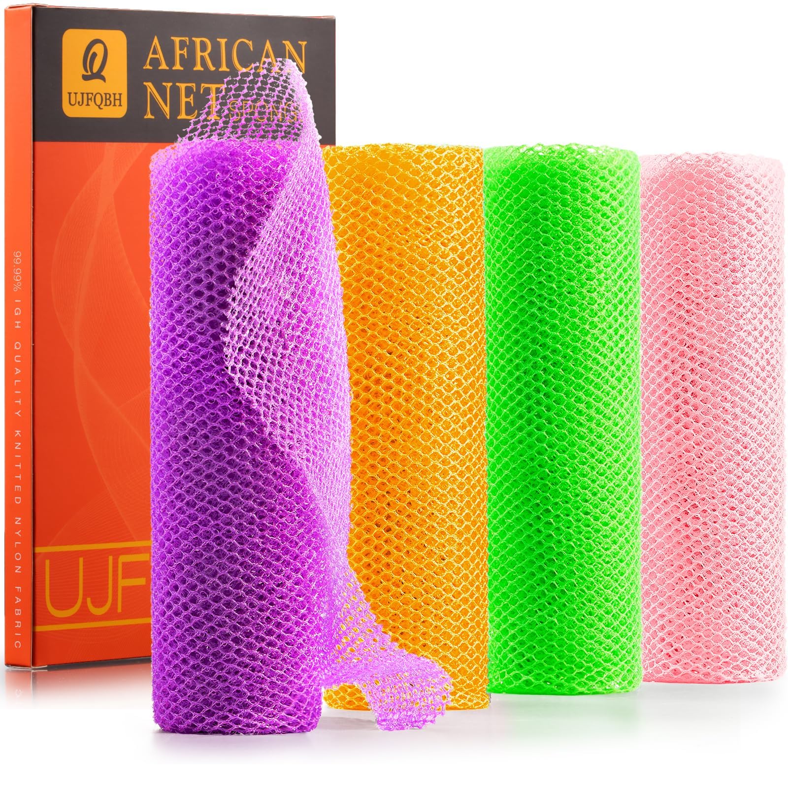 UJFQBH 3 Pieces African Bath Sponge African Net Long Net Bath Sponge Exfoliating Shower Body Scrubber Back Scrubber Skin Smoother,Great for Daily Use (Pink,Yellow,Purple)